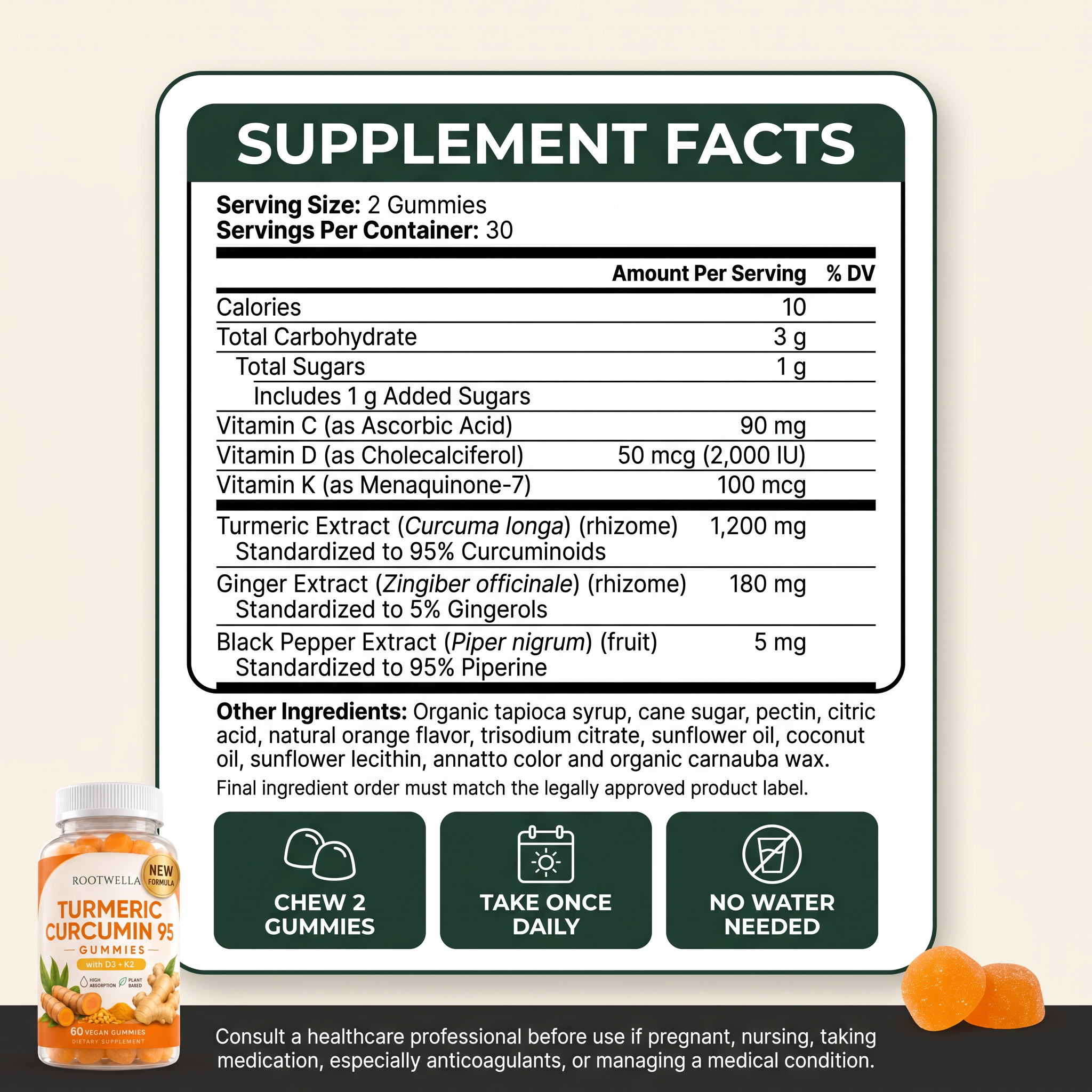 Turmeric Curcumin Gummies with D3 + K2 (1,200mg)